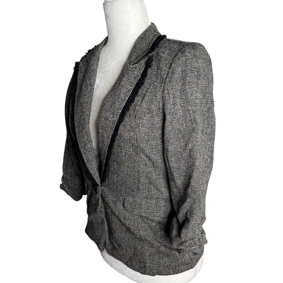 Maurices Tweed Blazer Jacket Ruffles Small Black Button Lined Scrunch Sleeve - Picture 3 of 7